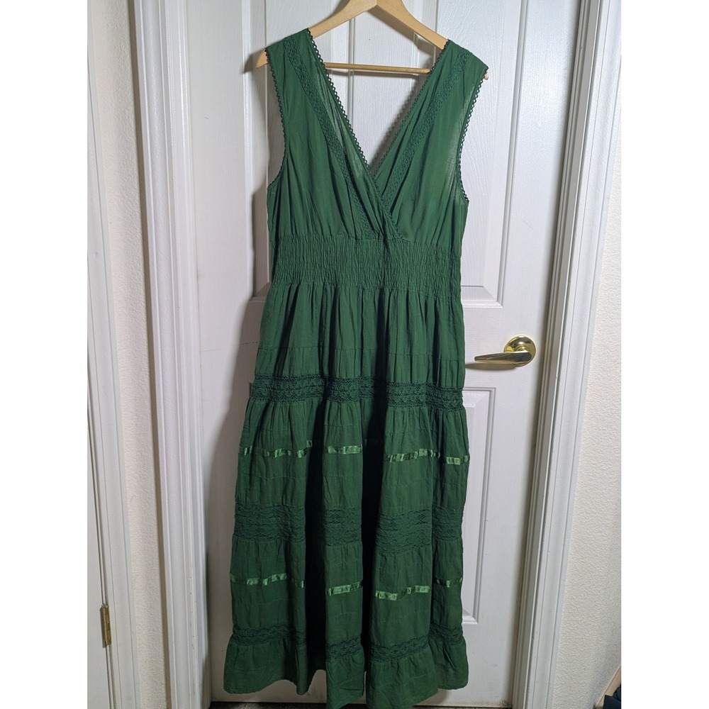 HolyClothing Green Cotton Lace Tiered Maxi Dress Smocked Waist Renaissance 2X